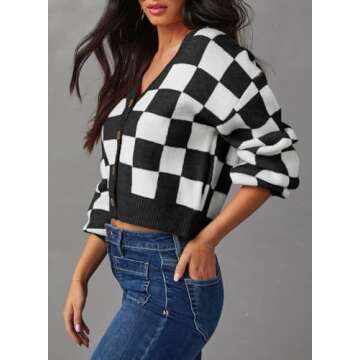 Dokotoo Womens Cardigan Sweaters V Neck Button Down Long Sleeve Plaid Cardigans Casual Cable Knit Fall Winter Ladies Cropped Fit Jackets Outerwear Black L