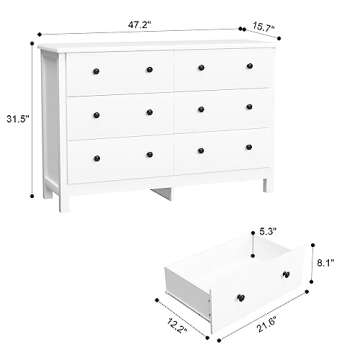 Elegant SINROM White Dresser with 6 Wide Drawers for Stylish Storage Solutions