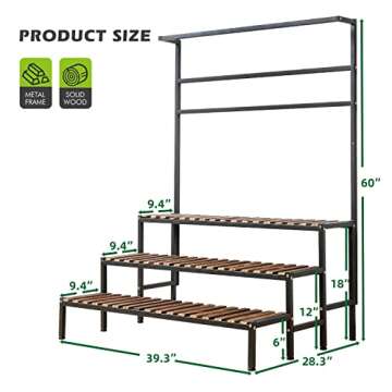 NANKINGFANGAO 3 Tier Hanging Plant Stand Ladder Plant Shelf, Tall Plant Stand Outdoor Indoor Steel-Wood Plant Shelves Metal Frame, Suitable for Terrace Garden Corner Balcony, Living Room Storage