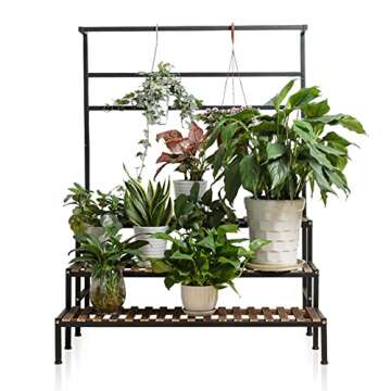 NANKINGFANGAO 3 Tier Hanging Plant Stand Ladder Plant Shelf, Tall Plant Stand Outdoor Indoor Steel-Wood Plant Shelves Metal Frame, Suitable for Terrace Garden Corner Balcony, Living Room Storage