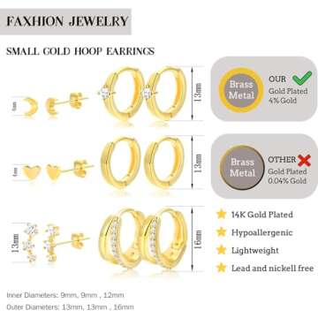 Small Gold Hoop Earrings for Women Dainty Gold Earrings| 14K Gold Plated Hypoallergenic Stud earrings Set| Cartilage Earrings for Multiple Piercing for Women (01-Gold-Moon)