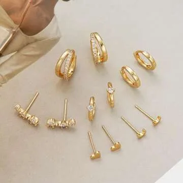 Small Gold Hoop Earrings for Women Dainty Gold Earrings| 14K Gold Plated Hypoallergenic Stud earrings Set| Cartilage Earrings for Multiple Piercing for Women (01-Gold-Moon)