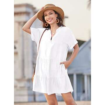 Womens V Neck Loose Fit Beach Swimsuits Cover Ups Sexy Sheer Bikini Bathing Suit Swimwear Coverups Summer Mini Dresses White, XXL