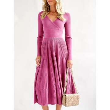 Saodimallsu Womens Long Sleeve Maxi Sweater Dress Fall Trendy Wrap V Neck Pleated A Line Elegant Knit Dresses Rose Red