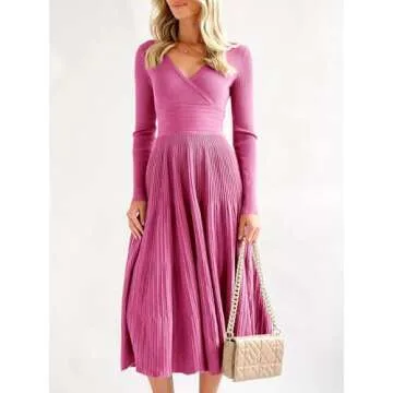Saodimallsu Womens Long Sleeve Maxi Sweater Dress Fall Trendy Wrap V Neck Pleated A Line Elegant Knit Dresses Rose Red