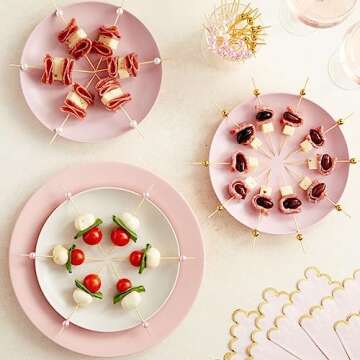 Okuna Outpost 150 Pack of Decorative Toothpicks for Appetizers, Bamboo Food Picks (Pink, Gold, and W...