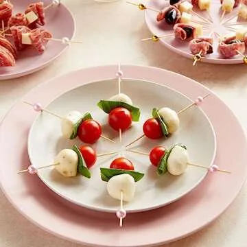 Okuna Outpost 150 Pack of Decorative Toothpicks for Appetizers, Bamboo Food Picks (Pink, Gold, and White Pearl, 4.7 in)