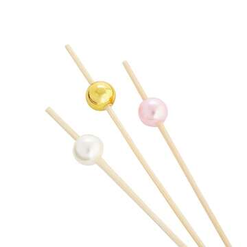 Okuna Outpost 150 Pack of Decorative Toothpicks for Appetizers, Bamboo Food Picks (Pink, Gold, and White Pearl, 4.7 in)