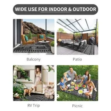 Outdoor Rug Carpet Waterproof 8x10 ft Patio Rug Mat Indoor Outdoor Area Rug for RV Camping Picnic Reversible Lightweight Plastic Straw Outside Rug for Patio Decor Decoration Boho Rug Black White