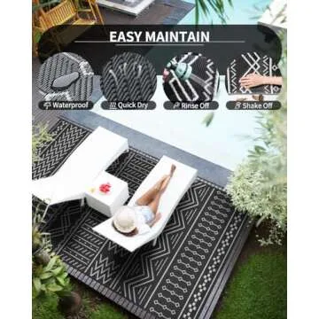 Outdoor Rug Carpet Waterproof 8x10 ft Patio Rug Mat Indoor Outdoor Area Rug for RV Camping Picnic Reversible Lightweight Plastic Straw Outside Rug for Patio Decor Decoration Boho Rug Black White
