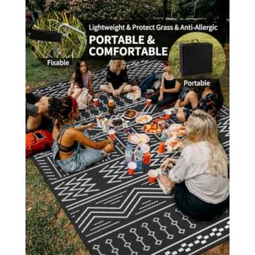 Outdoor Rug Carpet Waterproof 8x10 ft Patio Rug Mat Indoor Outdoor Area Rug for RV Camping Picnic Reversible Lightweight Plastic Straw Outside Rug for Patio Decor Decoration Boho Rug Black White