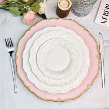 UOEKCS Pink scalloped charger plates with Gold rim, 13" Round Chargers for Dinner Plates, Set of 6 P...