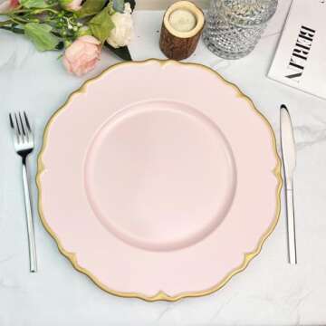 UOEKCS Pink scalloped charger plates with Gold rim, 13" Round Chargers for Dinner Plates, Set of 6 Plastic Plate Chargers for Weddings, Parties, Tabletop Decor.