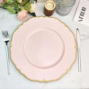 UOEKCS Pink scalloped charger plates with Gold rim, 13" Round Chargers for Dinner Plates, Set of 6 Plastic Plate Chargers for Weddings, Parties, Tabletop Decor.