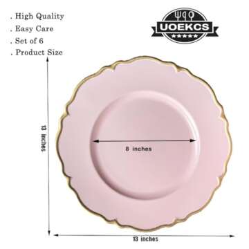 UOEKCS Pink scalloped charger plates with Gold rim, 13" Round Chargers for Dinner Plates, Set of 6 Plastic Plate Chargers for Weddings, Parties, Tabletop Decor.