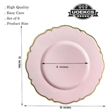 UOEKCS Pink scalloped charger plates with Gold rim, 13" Round Chargers for Dinner Plates, Set of 6 Plastic Plate Chargers for Weddings, Parties, Tabletop Decor.