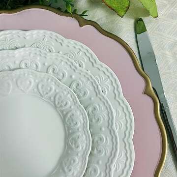 UOEKCS Pink scalloped charger plates with Gold rim, 13" Round Chargers for Dinner Plates, Set of 6 Plastic Plate Chargers for Weddings, Parties, Tabletop Decor.