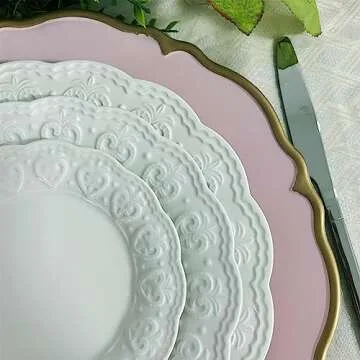 UOEKCS Pink scalloped charger plates with Gold rim, 13" Round Chargers for Dinner Plates, Set of 6 Plastic Plate Chargers for Weddings, Parties, Tabletop Decor.