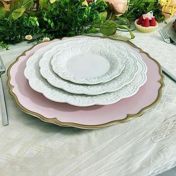 UOEKCS Pink scalloped charger plates with Gold rim, 13" Round Chargers for Dinner Plates, Set of 6 Plastic Plate Chargers for Weddings, Parties, Tabletop Decor.