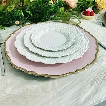 UOEKCS Pink scalloped charger plates with Gold rim, 13" Round Chargers for Dinner Plates, Set of 6 Plastic Plate Chargers for Weddings, Parties, Tabletop Decor.