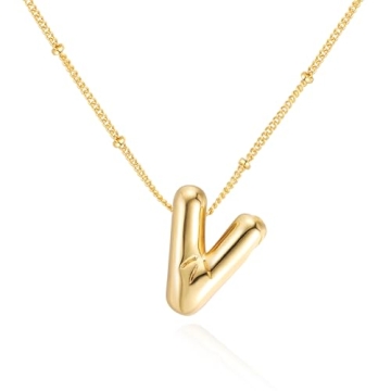 Qyalie Bubble Letter Necklace Balloon Initial Necklaces for Women Dainty Alphabet Pendant 14K Gold P...