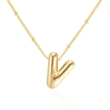 Qyalie Bubble Letter Necklace Balloon Initial Necklaces for Women Dainty Alphabet Pendant 14K Gold P...