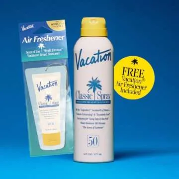 Vacation Classic Sunscreen Spray SPF 50 & Air Freshener Bundle, Water-Resistant, Lightweight, Transparent on All Skin Tones, Dermatologist-Tested, Vegan, 6 Fl. Oz.
