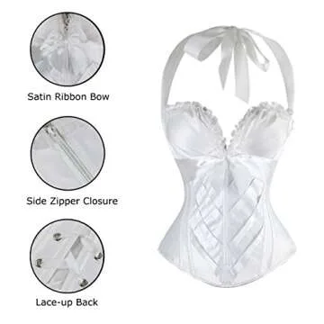 Charmian Women's Burlesque Vintage Renaissance Padded Satin Halter Bustier Corset Top with Zipper Beige Large
