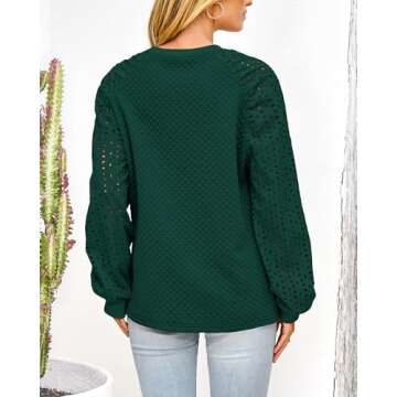 PRETTYGARDEN Women's Tops 2024 Fall Eyelet Long Sleeve Crewneck Blouses Quilted Sweatshirts Loose Fit Pullover Shirts(Dark Green,Small)