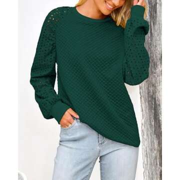 PRETTYGARDEN Women's Tops 2024 Fall Eyelet Long Sleeve Crewneck Blouses Quilted Sweatshirts Loose Fit Pullover Shirts(Dark Green,Small)