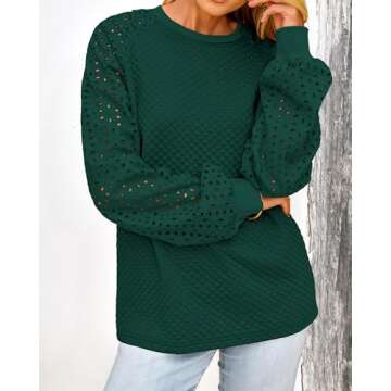 PRETTYGARDEN Women's Tops 2024 Fall Eyelet Long Sleeve Crewneck Blouses Quilted Sweatshirts Loose Fit Pullover Shirts(Dark Green,Small)
