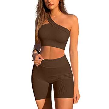 LNSK Workout Sets for Women 2 Piece Seamless Sexy Ribbed Outfits Gym Yoga Shorts Running Set Coffee
