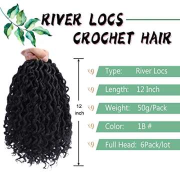 LIYATE Goddess Locs Crochet Hair 12 Inch 6 Packs Faux Locs Crochet Hair for Black Women Pre Looped Soft River Locs Crochet Braids with Curly Hair Bohemian Hippie Locs Synthetic Hair Extensions(1B)