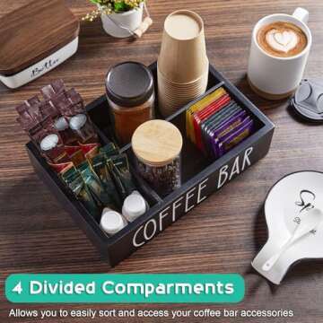 ALELION Coffee Station Organizer with Removable Dividers - Wood Bar Accessories Organizer for Countertop - Pod Holder Basket for Sugar Tea - Black Table Decor