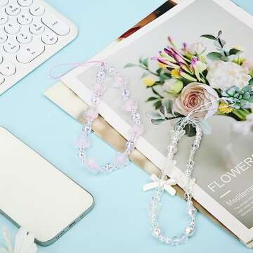 2pcs Beaded Phone Bracelet Strap, Crystal Butterfly Flower Pearl Phone Beaded Wrist Strap Phone Bracelet Lanyard for Women Phone Keychain Charm (White, Purple)