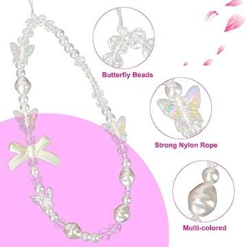 2pcs Beaded Phone Bracelet Strap, Crystal Butterfly Flower Pearl Phone Beaded Wrist Strap Phone Bracelet Lanyard for Women Phone Keychain Charm (White, Purple)