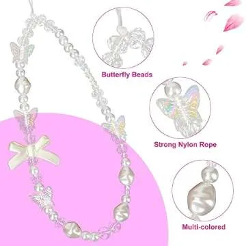 2pcs Beaded Phone Bracelet Strap, Crystal Butterfly Flower Pearl Phone Beaded Wrist Strap Phone Bracelet Lanyard for Women Phone Keychain Charm (White, Purple)