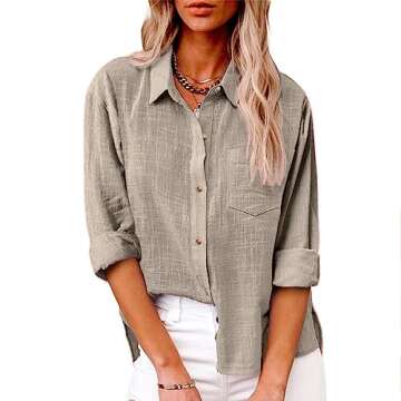 SMIDOW Womens Cotton Linen Button Down Shirt, #B-khaki, X-Large