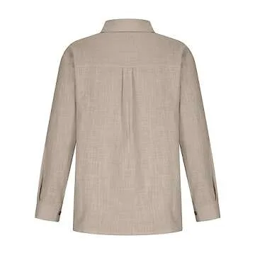SMIDOW Womens Cotton Linen Button Down Shirt, #B-khaki, X-Large