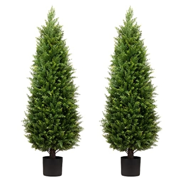 4ft Artificial Cedar Trees Artificial Topiary Trees Set of 2 Faux Cypress Plants UV Resistant Potted...