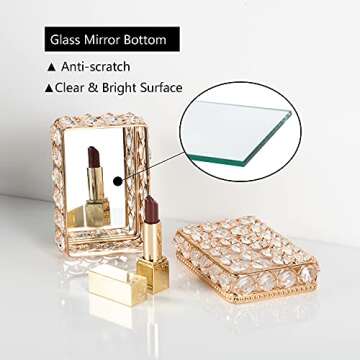 Feyarl Crystal Jewelry Trinket Box Earrings Rings Treasure Organizer Case Keepsake Storage with Lid Anti-Scratch Real Glass Mirrored Surface for Wedding Dresser Room Deco Birthday Gift (Gold)