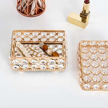 Feyarl Crystal Jewelry Trinket Box Earrings Rings Treasure Organizer Case Keepsake Storage with Lid Anti-Scratch Real Glass Mirrored Surface for Wedding Dresser Room Deco Birthday Gift (Gold)