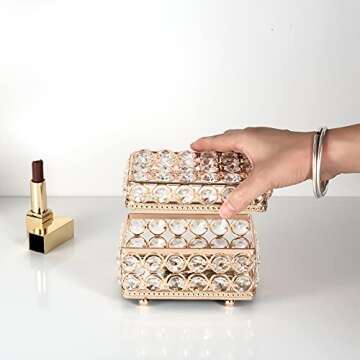 Feyarl Crystal Jewelry Trinket Box Earrings Rings Treasure Organizer Case Keepsake Storage with Lid Anti-Scratch Real Glass Mirrored Surface for Wedding Dresser Room Deco Birthday Gift (Gold)