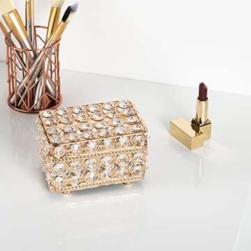 Feyarl Crystal Jewelry Trinket Box Earrings Rings Treasure Organizer Case Keepsake Storage with Lid Anti-Scratch Real Glass Mirrored Surface for Wedding Dresser Room Deco Birthday Gift (Gold)