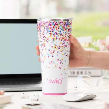 Swig Life 32oz Insulated Tumbler, Travel Coffee Tumbler with Lid, Cup Holder Friendly Travel Coffee Mug, Stainless Steel Thermos with Lid (Confetti)