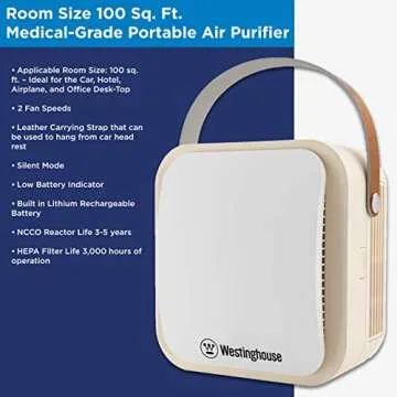 Westinghouse 1804 Patented NCCO Technology Portable Air Purifier with True HEPA Filter and NCCO Technology - Removes Bacteria, Viruses, VOCs, Allergens, Dust, Smoke, Odors - Ideal for Airplane, Hotels
