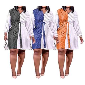 Women's Plus Size Patchwork Pin Stripes T-Shirt Dress - Button Down Long Sleeve Collar Blouse Tops Mini Dress Orange 3XLarge