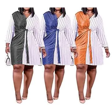 Women's Plus Size Patchwork Pin Stripes T-Shirt Dress - Button Down Long Sleeve Collar Blouse Tops Mini Dress Orange 3XLarge