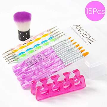ANGENIL 15PCS Acrylic Nail Brush Set with UV Gel Nail Art Brushes and Double Ended Nail Dotting Pen Set Two Finger Toe Separators and Soft Kabuki Brush Powder for Nail Art Dust Remover