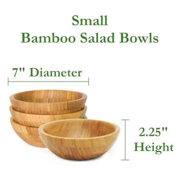 Lipper International Bamboo Wood Salad Bowls, Small, 7" Diameter x 2.25" Height, Set of 4 Bowls